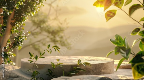 sunny nature product background with rock podium, concept: product placement, copy space, 16:9