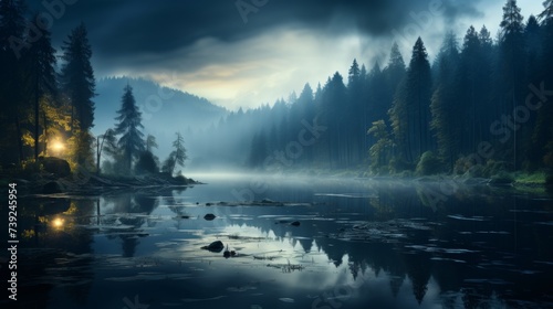 Misty morning at a forest lake, fog hovering over the water, eerie yet beautiful atmosphere, subdued colors, Photography, low light capture with a hig © ProVector