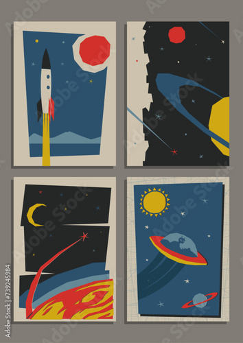 Abstract Space Illustration Set. 1950s - 1960s Space Age Style Posters. Space Rockets, Flying Saucer, Planets, Stars