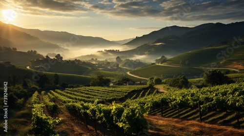 Sunrise over rolling vineyard hills, rows of grapevines, morning dew visible, conveying the beauty and tranquility of a vineyard landscape, Photoreali