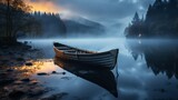 Wooden rowboat on a calm lake at twilight, oars and a lantern, surrounded by mist, symbolizing a quiet and romantic escape, Photorealistic, romantic b