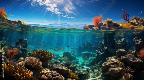Vibrant coral reef teeming with colorful fish, intricate coral structures, clear blue water, showcasing the diversity and beauty of underwater ecosyst © ProVector