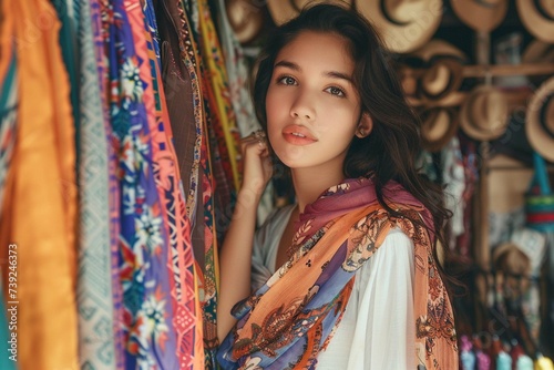 Sustainable fashion. Modern Latina young woman choosing vintage scarf,
