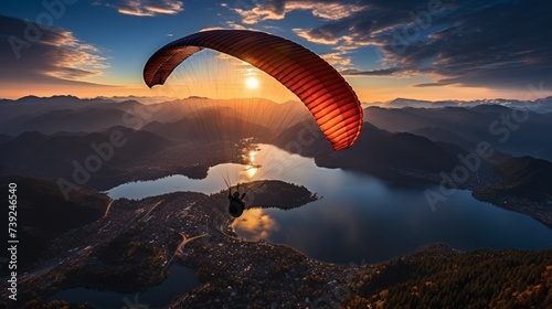 Paragliding over a scenic landscape, vivid parachute against a backdrop of mountains and valleys, capturing the thrill of flight, Photography, shot fr