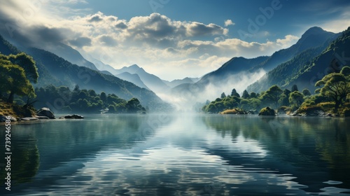 Serene lake reflecting the surrounding mountains and sky at dawn, mist hovering over the water, capturing the peacefulness and symmetry of natural lan © ProVector