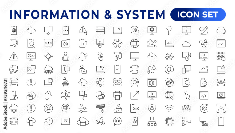 Global Connection, Cloud Data Technology Services, Information Line Icons. Programming coding set of web icons. Software development for and mobile app. Code,  information technology, coder more.