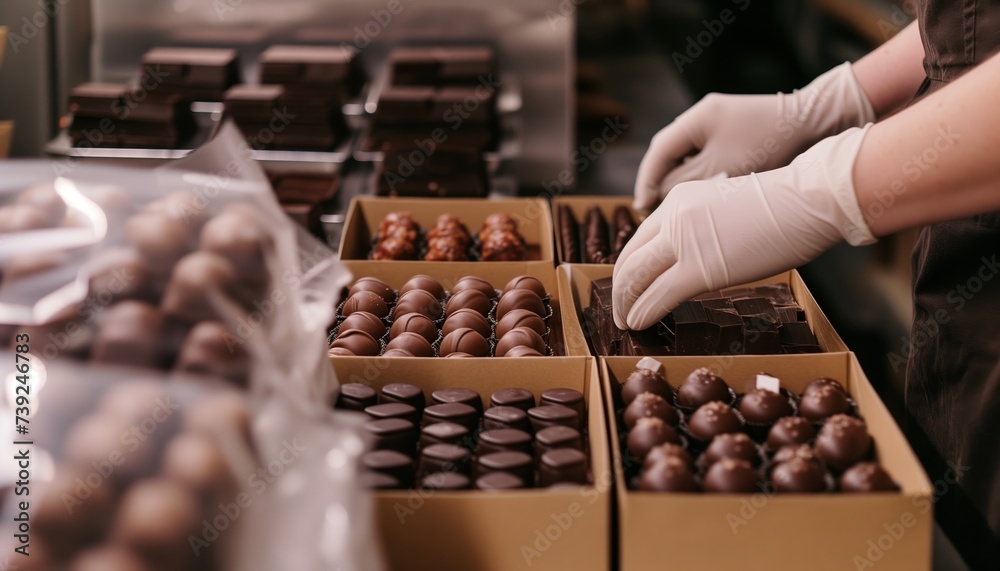 Artisan Chocolatier Arranging Handmade Chocolates in Boxes at a Chocolate Factory Artisan Chocolatier Arranging Handmade Chocolates in Boxes at a Chocolate Factory
