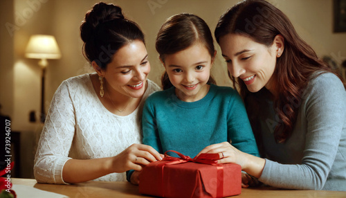Adopted happy little daughter is giving her first present to her beloved moms for their Mother's Day