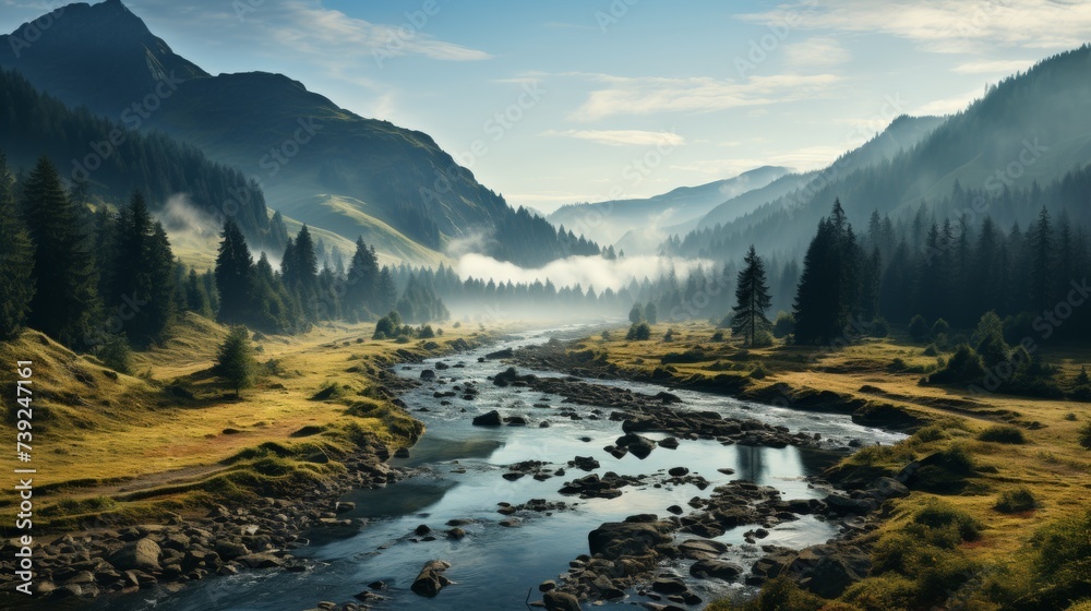 Misty morning in a mountain valley, layers of fog between the peaks, a serene lake visible, conveying the mystical and quiet beauty of mountain landsc - obrazy, fototapety, plakaty 