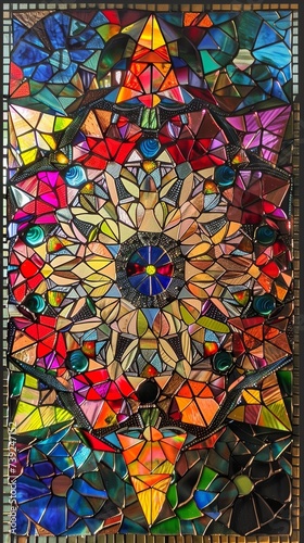 Stained glass mosaic of a mandala intricate patterns and spiritual symbolism
