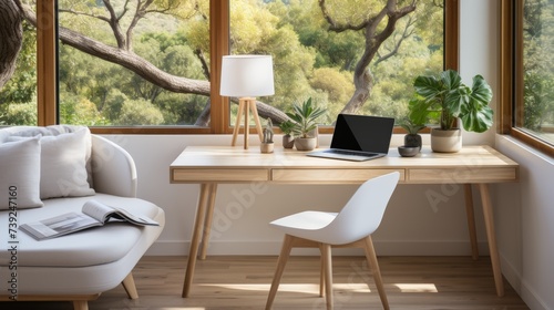 Minimalist home office setup  white desk with a sleek laptop  abstract art on the wall  large window with natural light  emphasizing simplicity and fo