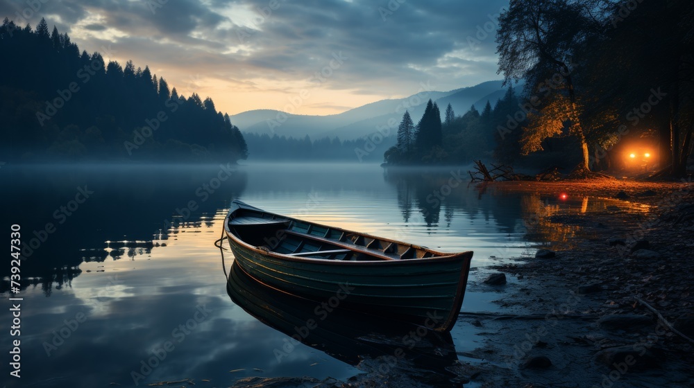 Wooden rowboat on a calm lake at twilight, oars and a lantern, surrounded by mist, symbolizing a quiet and romantic escape, Photorealistic, romantic b - obrazy, fototapety, plakaty 