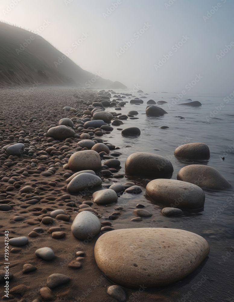 Landscape Stones on the seashore in fog. Landscape Stones on the seashore in fog.