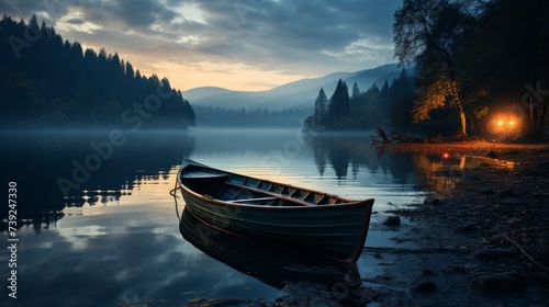 Wooden rowboat on a calm lake at twilight, oars and a lantern, surrounded by mist, symbolizing a quiet and romantic escape, Photorealistic, romantic b