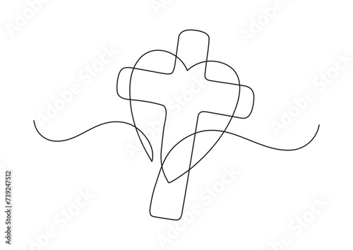 Christianity love. Heart and cross. Continuous line drawing. Religion concept. Vector illustration.