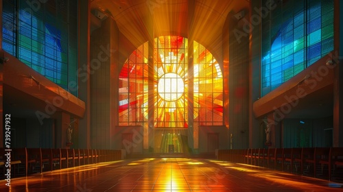 Sunburst stained glass in a tranquil chapel a serene and sacred moment