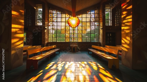Sunburst stained glass in a tranquil chapel a serene and sacred moment