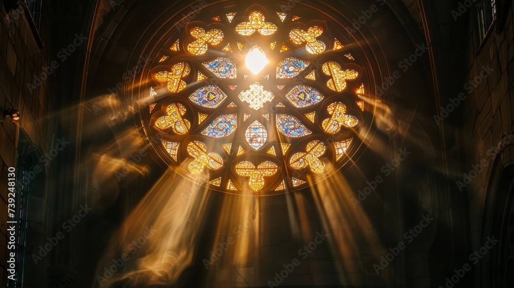 Obraz premium Sunlight streaming through a cathedrals rose window illuminating stories