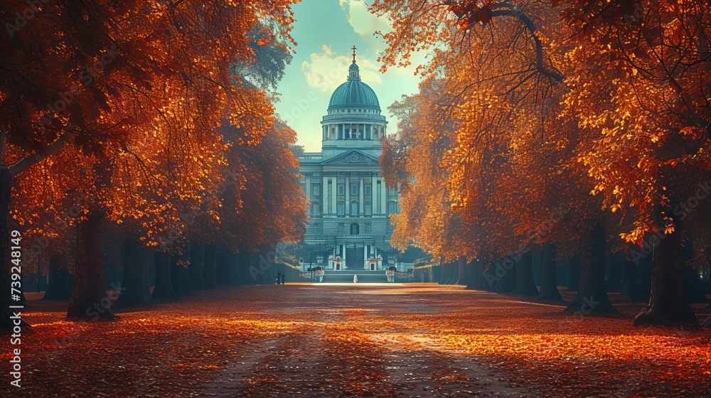 Majestic government style building with dome surrounded by autumn trees with golden leaves
concept: materials on history and architecture, publications about the political and cultural life of the cit - obrazy, fototapety, plakaty 