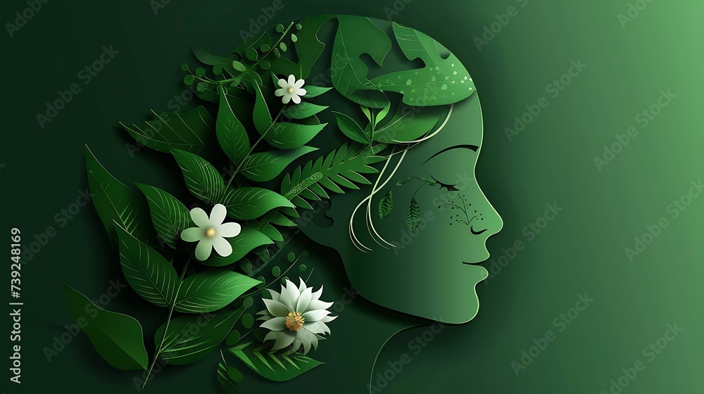 Papercut head with green leaves and flowers. Mental health, emotional wellness, contented emotions, self care, psychology, green thinking, ecology