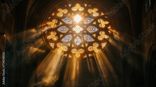 Sunlight streaming through a cathedrals rose window illuminating stories