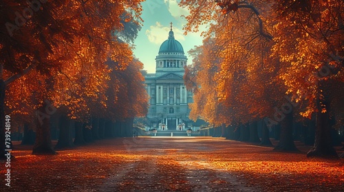 Majestic government style building with dome surrounded by autumn trees with golden leaves
concept: materials on history and architecture, publications about the political and cultural life of the cit photo