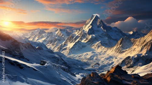 Sunrise over a mountain range, golden light spilling over snow-capped peaks, valleys in soft shadow, capturing the awe-inspiring beauty of mountainous