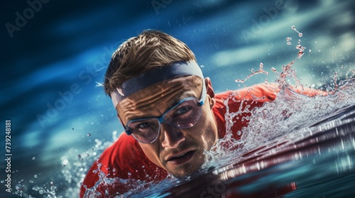 Close-up of an athletic Professional male swimmer wearing safety glasses, swimming in the pool, competing, training in the water. Sports, Health,Hobbies, Active recreation concepts. © liliyabatyrova