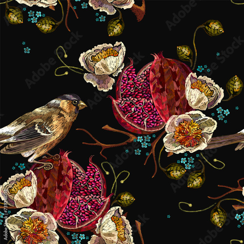 Yellow peonies flowers, birds and ripened pomegranate fruit. Embroidery floral style. Exotic fruit. Template for clothes, t-shirt design. Seamless pattern
