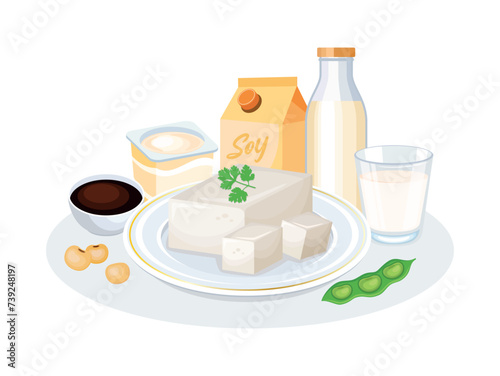 Soy products, tofu, milk, yogurt, soy sauce bowl vector illustration. Soy foods icon set isolated on a white background. Plant-based food and drink drawing. Natural tofu cubes on a plate vector