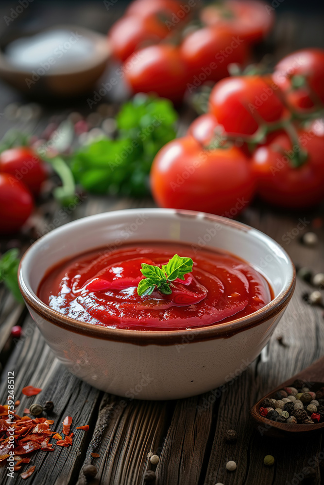ketchup in a bowl with blurred fresh tomatoes, pepper, and spices on a brown wooden background ketchup in a bowl with blurred fresh tomatoes, pepper, and spices on a brown wooden background