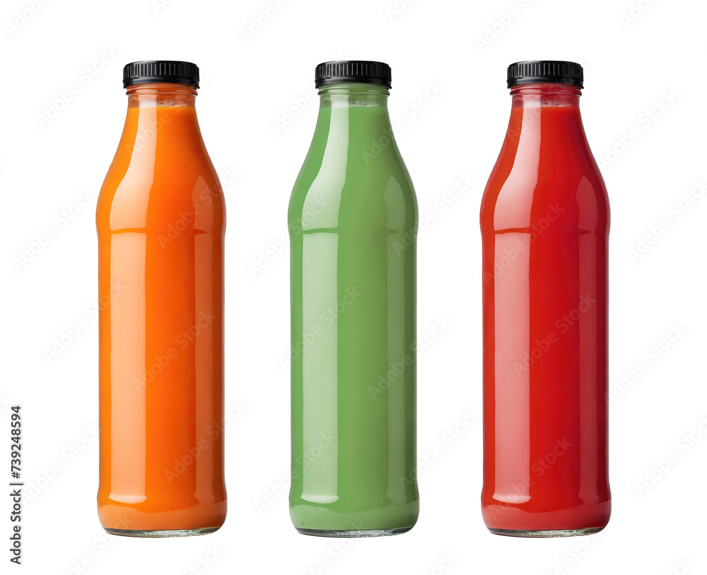 Fruit or vegetable juice in glass bottles set, isolated background. Transparent PNG