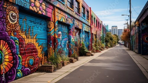 Street art and graffiti in a vibrant urban alley  colorful murals  no people  showcasing the cultural and artistic expression in cityscapes  Photoreal