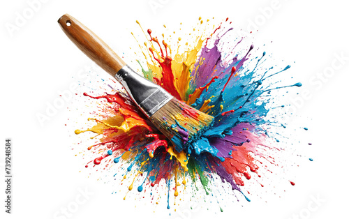 Paint brush with colorful paint splash, isolated background. Transparent PNG