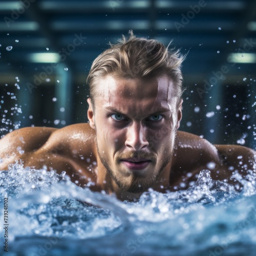 Athletic Professional man, swimming in the pool. © liliyabatyrova