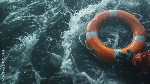 Fototapeta Naklejka Na Ścianę i Meble -  Lifebuoy floating on sea in storm weather, There was a person's hand immersed in water next to it. World Rescue day