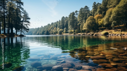 Panoramic shot of a tranquil lake surrounded by forest, reflections on the water, showcasing the peace and symmetry of natural scenery, Photorealistic