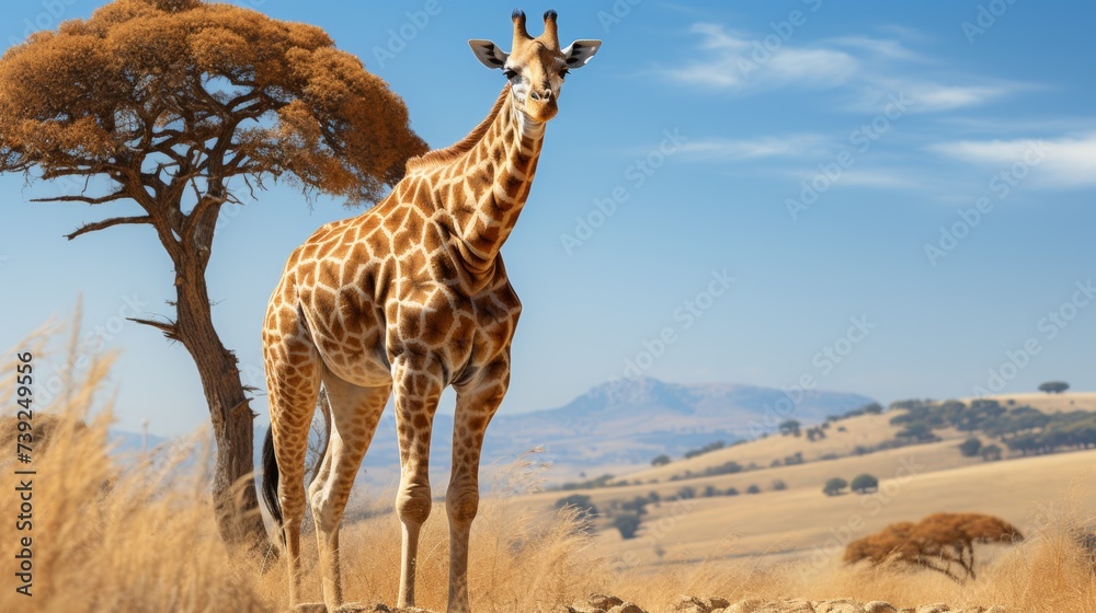 Obraz premium Giraffe grazing on tall trees, vast open plains in the background, clear blue sky, showcasing the unique and graceful wildlife of the savannah, Photor