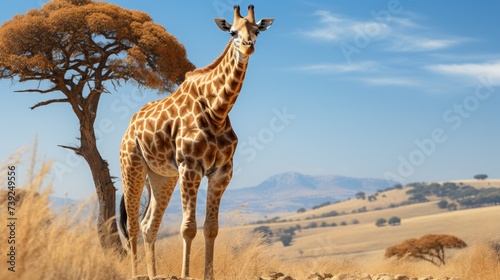 Giraffe grazing on tall trees  vast open plains in the background  clear blue sky  showcasing the unique and graceful wildlife of the savannah  Photor