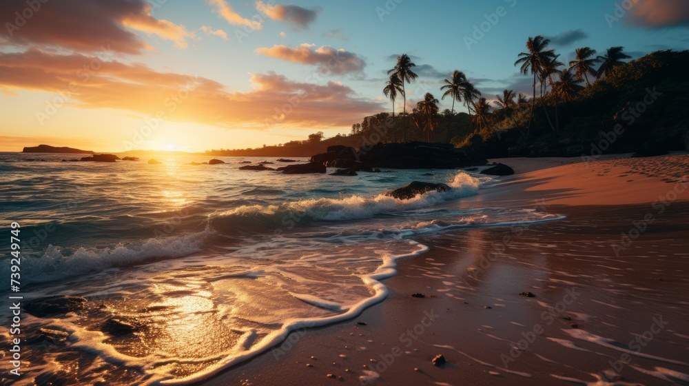 Sunset over a picturesque beach, golden sand meeting turquoise waters, palm trees adding to the tropical paradise feel, Photography, warm tones to enh