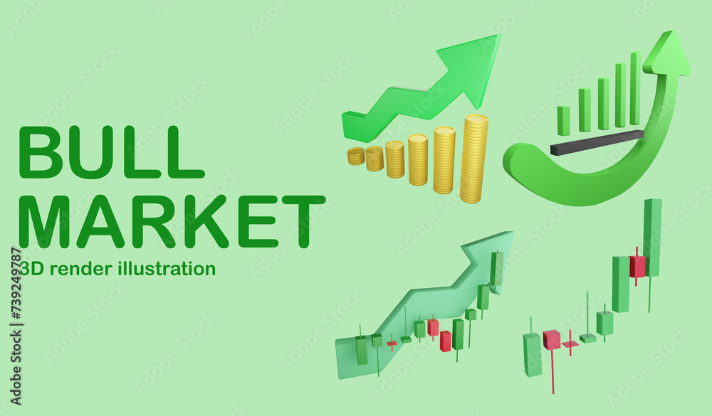 Bull market banner and copy space on green background , 3D render investment and trading illustration concept Bull market banner and copy space on green background , 3D render investment and trading illustration concept