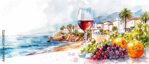 Panoramic idyllic scenery view to the Italian or Spanish coastal town  Mediterranean Sea bay at sunny summer day against blue cloudy sky. Table with wineglass and fruits. Vacation  resort concept  
