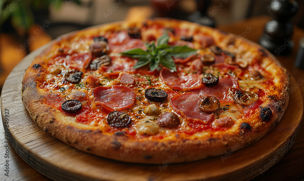Appetizing pizza with sausage on the table. Appetizing pizza with sausage on the table.