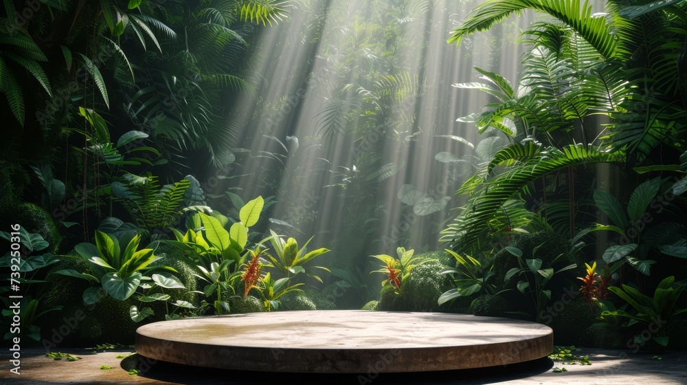 Podium, product display in the forest with sun rays Podium, product display in the forest with sun rays