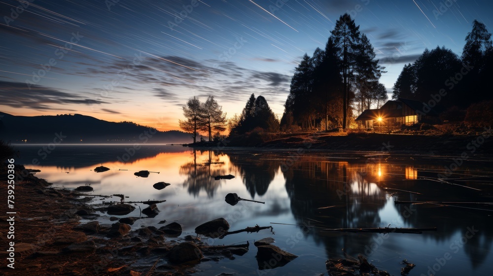 Long exposure of a rotating star trail above a serene lake, reflections on the water, symbolizing the passage of time and celestial movements, Photore