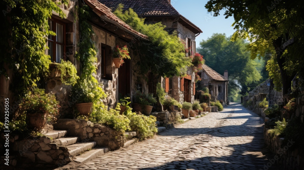 Quaint cobblestone street in a small village, charming old houses with ...