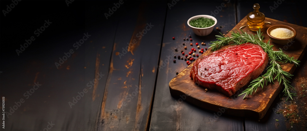 Raw beef steak on cutting board with knife and ingredients, banner - obrazy, fototapety, plakaty 