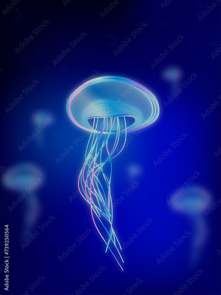 Jellyfish in deep water vector illustartion. Jellyfish blue lightening. deep ocean creature. Magic glowing jellyfish underwater. Undersea world. Jellyfish in deep water vector illustartion. Jellyfish blue lightening. deep ocean creature. Magic glowing jellyfish underwater. Undersea world.