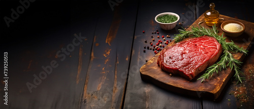 Raw beef steak on cutting board with knife and ingredients, banner photo