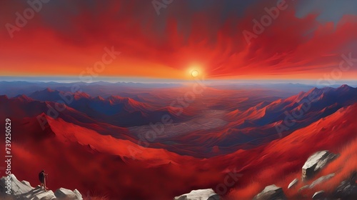 A panoramic view from a mountaintop, with the sun setting behind a distant horizon, painting the sky in brilliant shades of red and orange. photo